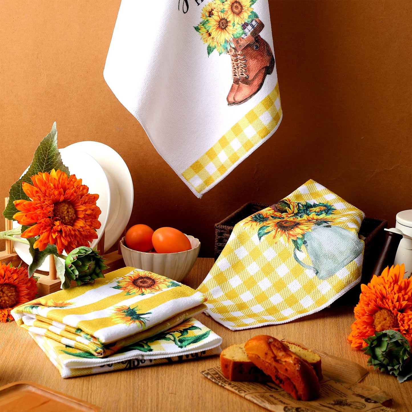 Oudain 6 Pcs Sunflower Kitchen Dish Towels Sunflower Absorbent Tea Towels Reusable Fast Drying Cleaning Dishcloths for Summer Housewarming Gift
