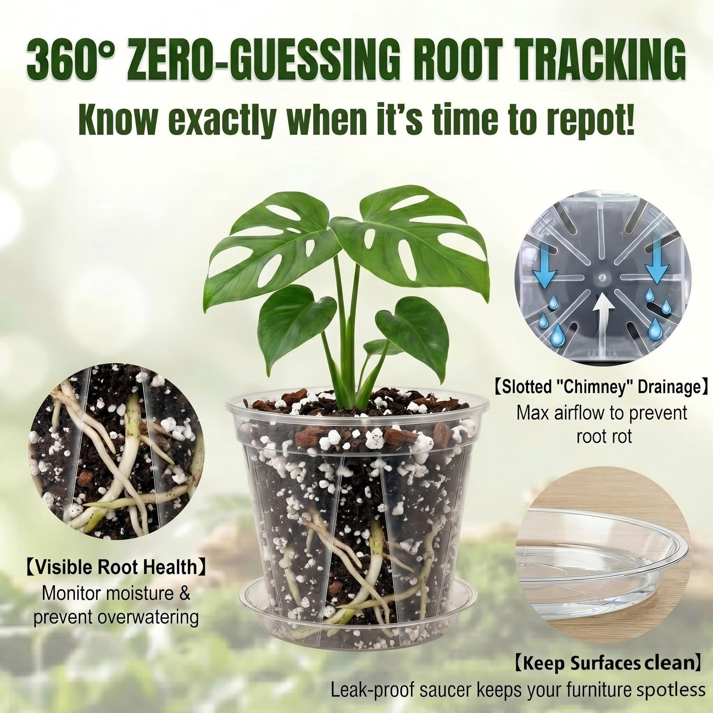 Olsury Clear Nursery Pots with Drainage: Stop Root Rot via Side-Bottom Vents & 1-Second Root Check - Heavy Duty Plastic Pots for Indoor Repotting, Orchids & Aroids (20 Pack with Saucers, 4-6 Inch)