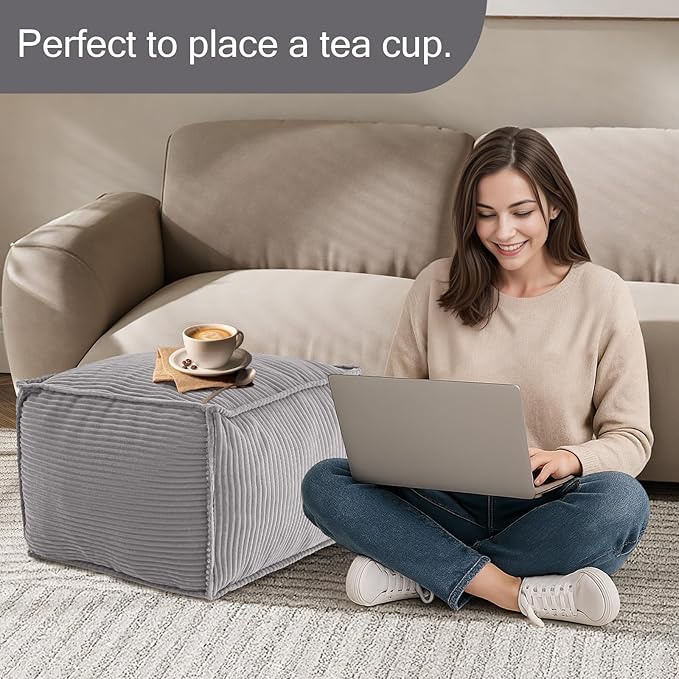 MeMoreCool Square Stuffed Pouf Ottoman Foot Rest, Corduroy Floor Pouf Foot Stool with Foam Chunk Filling, Soft Stuffed Ottoman Footrest for Living Room, Light Grey