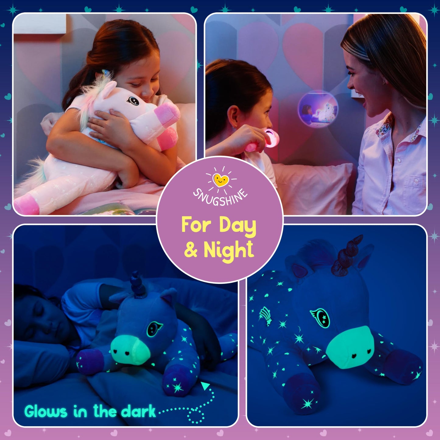 SNUGSHINE Glow in the Dark Unicorn Plush with Book & Flashlight Projector, 18 Inch Unicorn Stuffed Animal and Book Set, Light Up Toy Stuffies for Girls Gift Set, Bedtime Help Sleep Aid