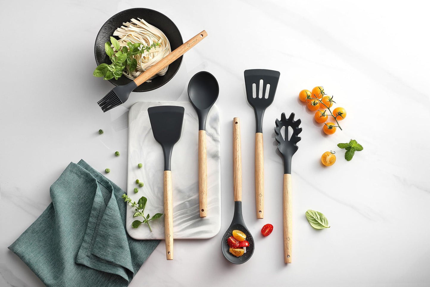 Kitchen Utensils Set 6 PCS, Non-Toxic Cooking Utensils with Heat-Resistant Silicone Spatula, Large Serving & Slotted Spoon, Flexible Spatulas, Brush and Spaghetti Rake - Ideal Starter Set
