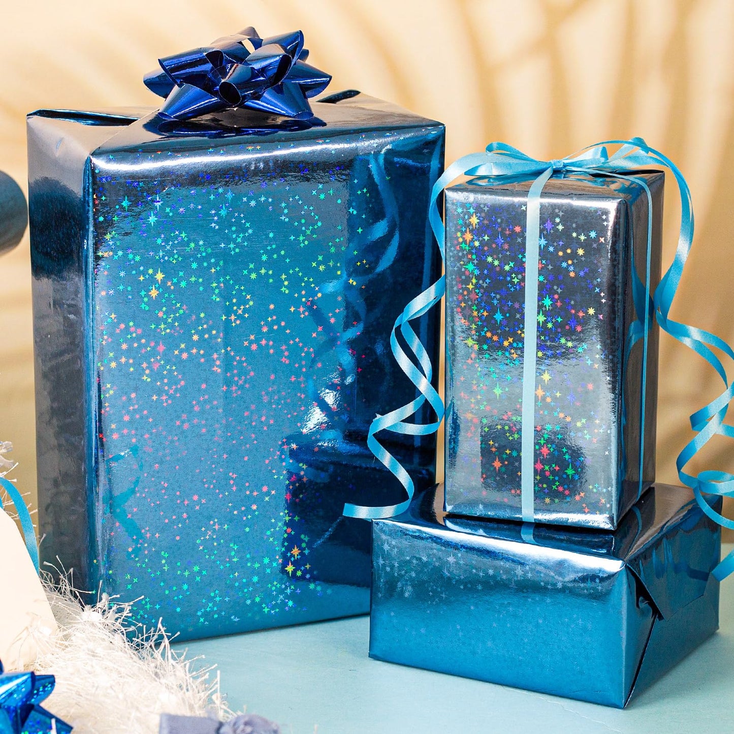Flyhill Blue Holographic Wrapping Paper Roll, Metallic Holographic Shinning Galaxy Star Gift Wrap for Father‘s Day,Wedding,Birthday - Mini Roll 17inch*32.8ft