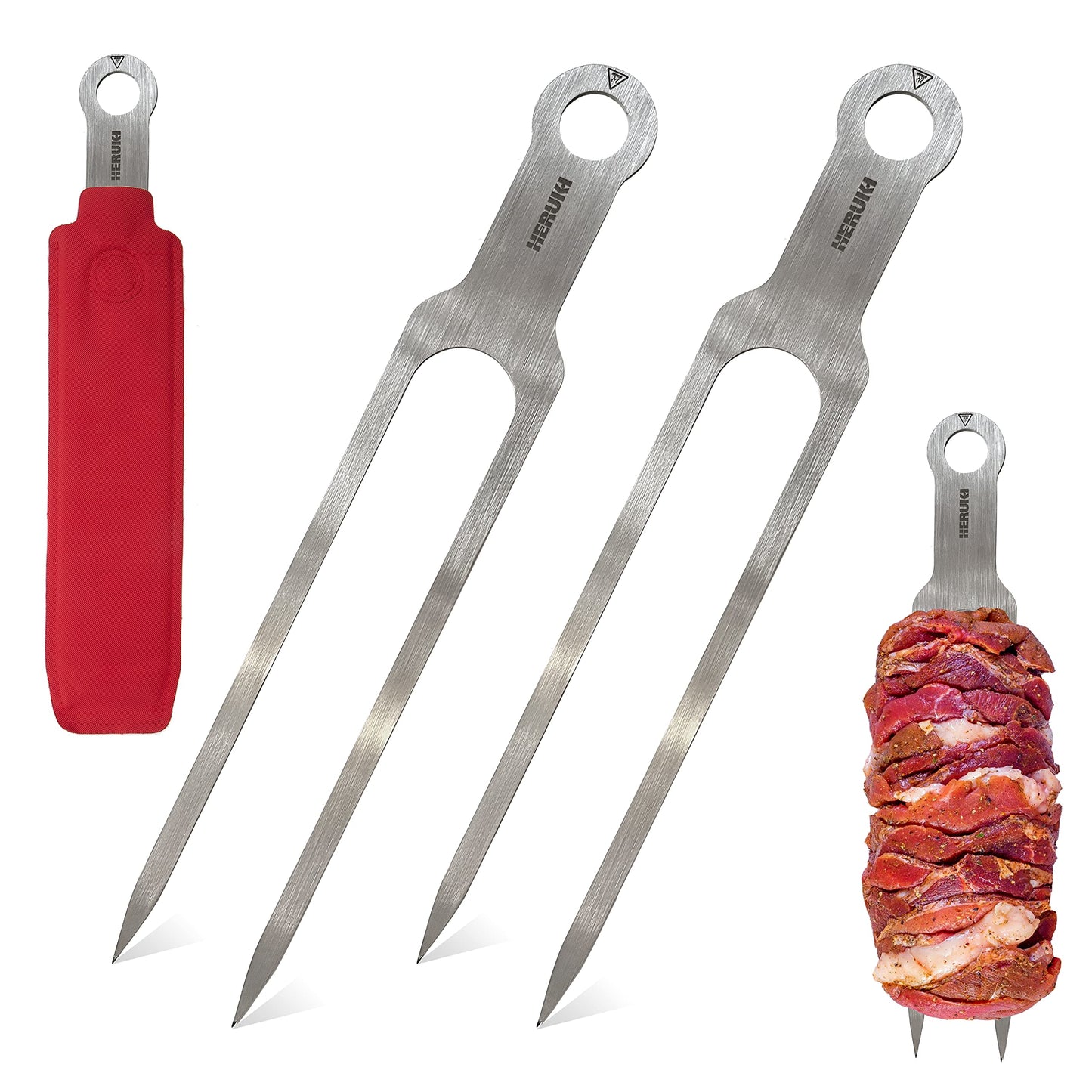 HERUKI Double Skewers Plus 2 Heat-Resistant Cast-Iron Handle Sleeves and 2 Potholders Bundle Premium Grill Kitchen Accessories for Kabob, Shawarma, Meat Fish Chicken BBQ Gift Set