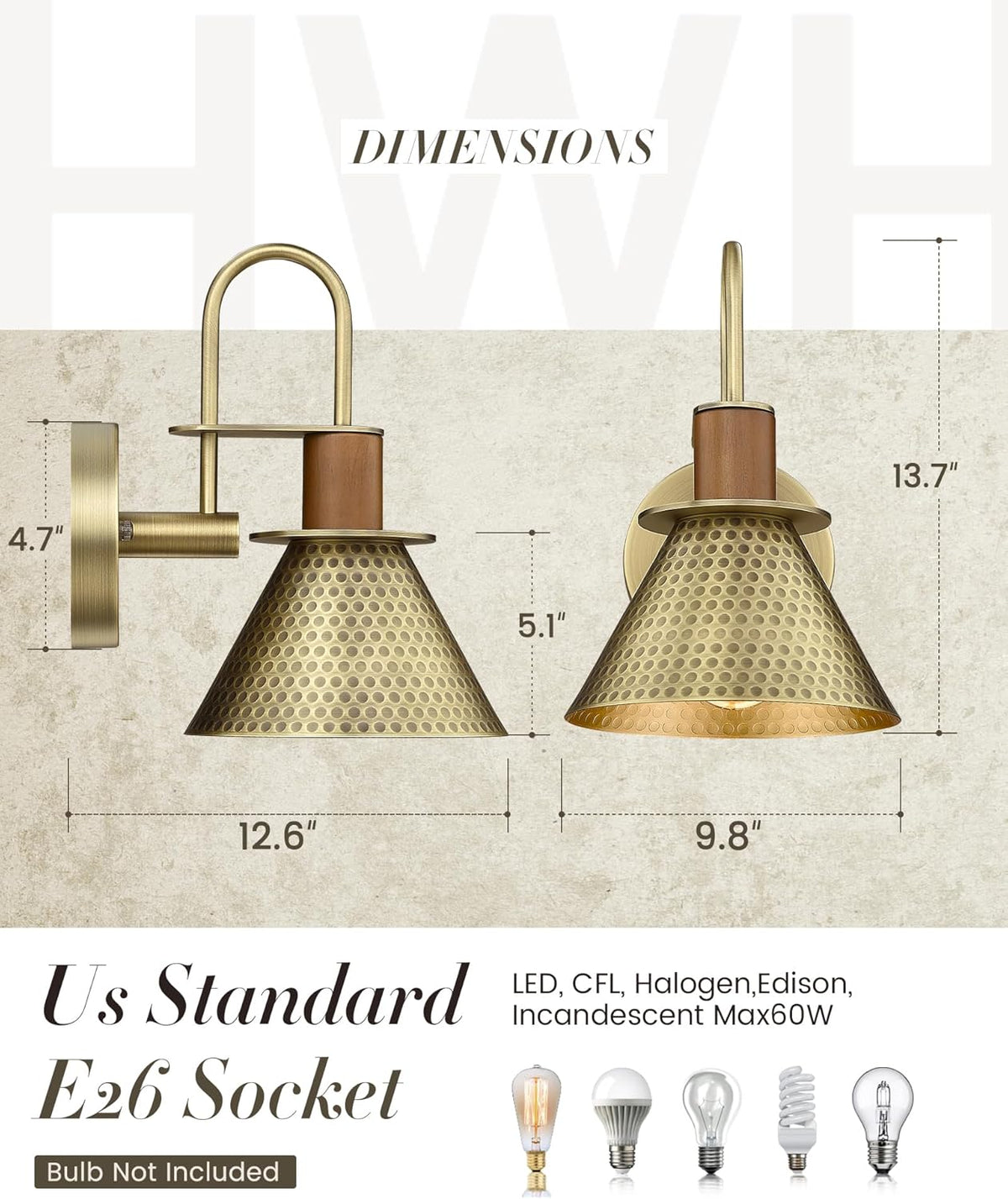 Industrial Wall Sconces Set of Two, HWH Indoor Wall Light Fixtures Gooseneck Barn Light, Single Wall Vanity Lamp for Bedroom Bedside Kitchen, Hammered Metal Shade, Antique Brass Finish, 5HZG74B-2L BG