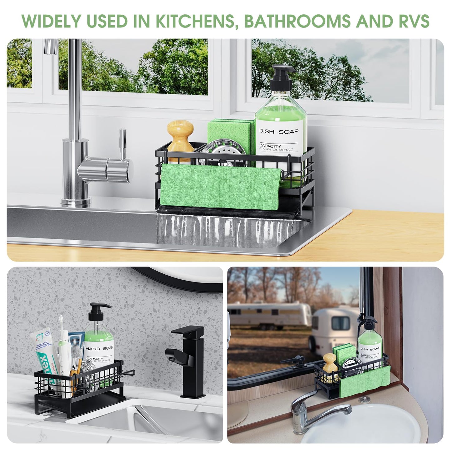 DYFVREN Self-Draining Kitchen Sink Caddy, Rustproof Non-Slip Metal Sponge Holder with Detachable Dish Cloth Holder (Black)