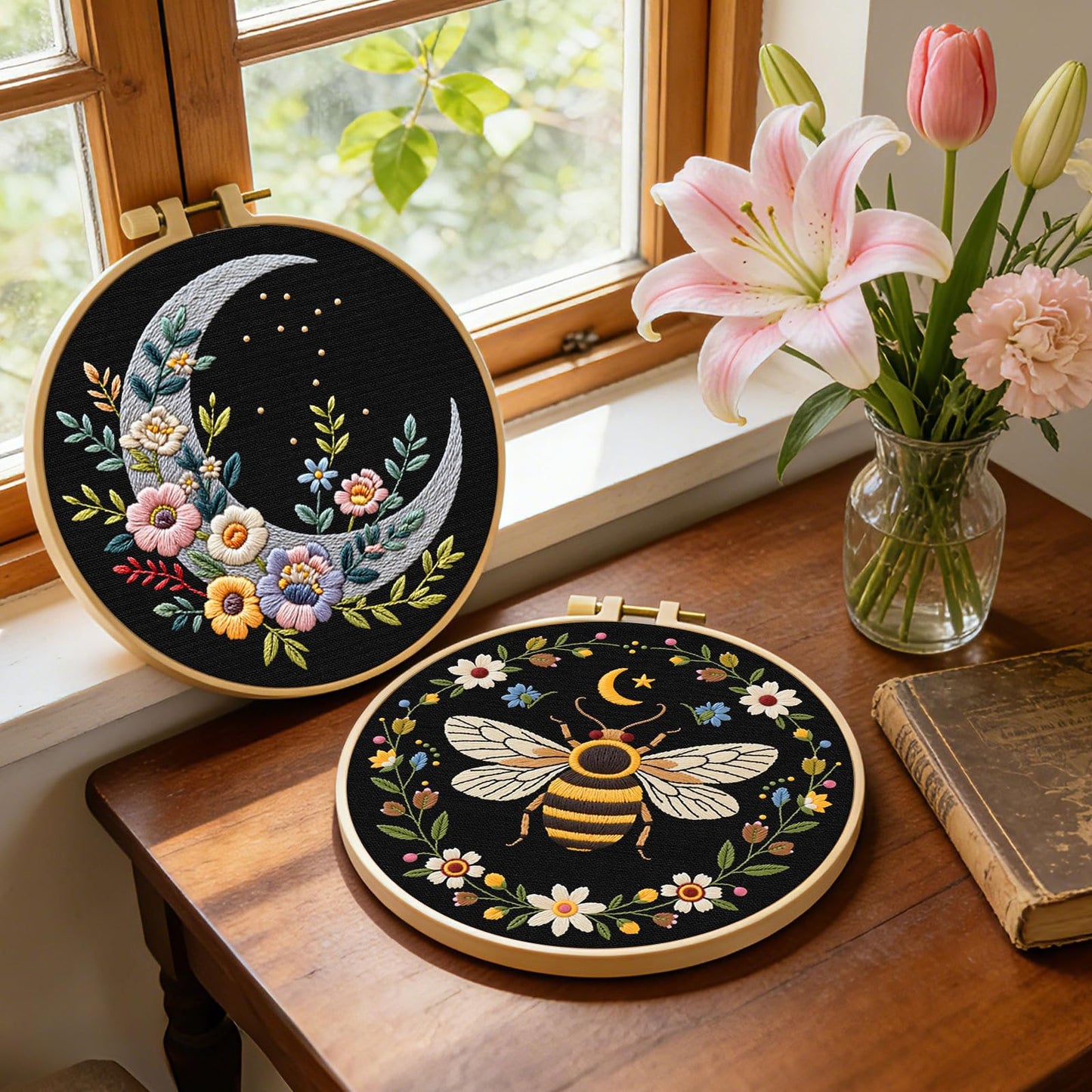 ERKOON Embroidery Kit for Beginners, 2 Set Flower Cross Stitch Set Include Embroidery Cloth Hoops Threads for Craft Lover Hand Stitch with Embroidery Skill Techniques (Bee Moon)