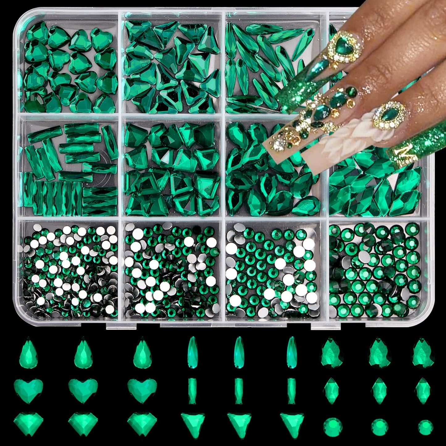 Green Nail Gems Big Glass Green Nail Charms Emerald Crystal Flatback Nail Jewels 3D Multi Shape Size Stones Diamonds Nail Rhinestones Clear Round Beads Gems for Nails Faces Eyes Makeup Crafts 12Grid