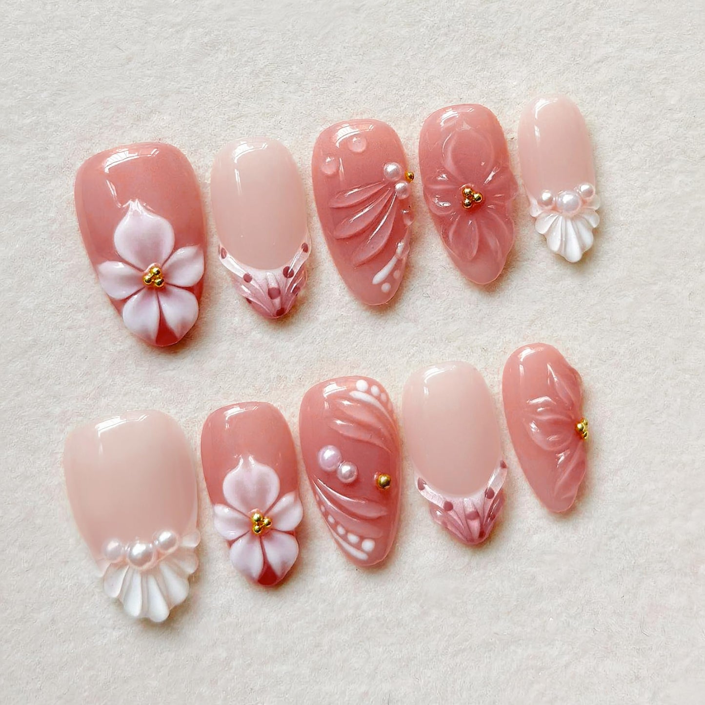 plalely Long Press on Nails Almond, Acrylic Press on Nails with Flower Designs, Long Almond Nail Tips for Women 24pcs
