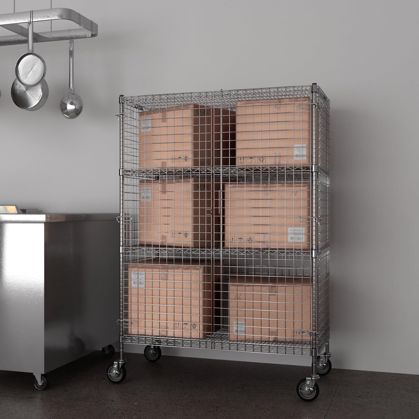 18" W x 60" L x 69" H Heavy Duty Utility Commercial Grade Metal Storage NSF Unit | Chrome Mobile Security Wire Cage Kit
