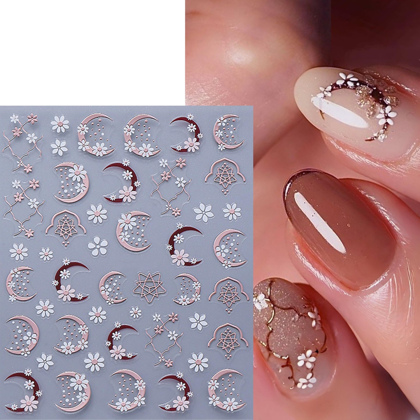 6 Sheets Daisy Moon Nail Art Stickers Flower Nail Stickers White Flower Nail Decals Cute Daisy Nails Supplies Gold Rose Gold Moon Daises Nail Design for Spring Summer DIY Nail Decorations Accessories