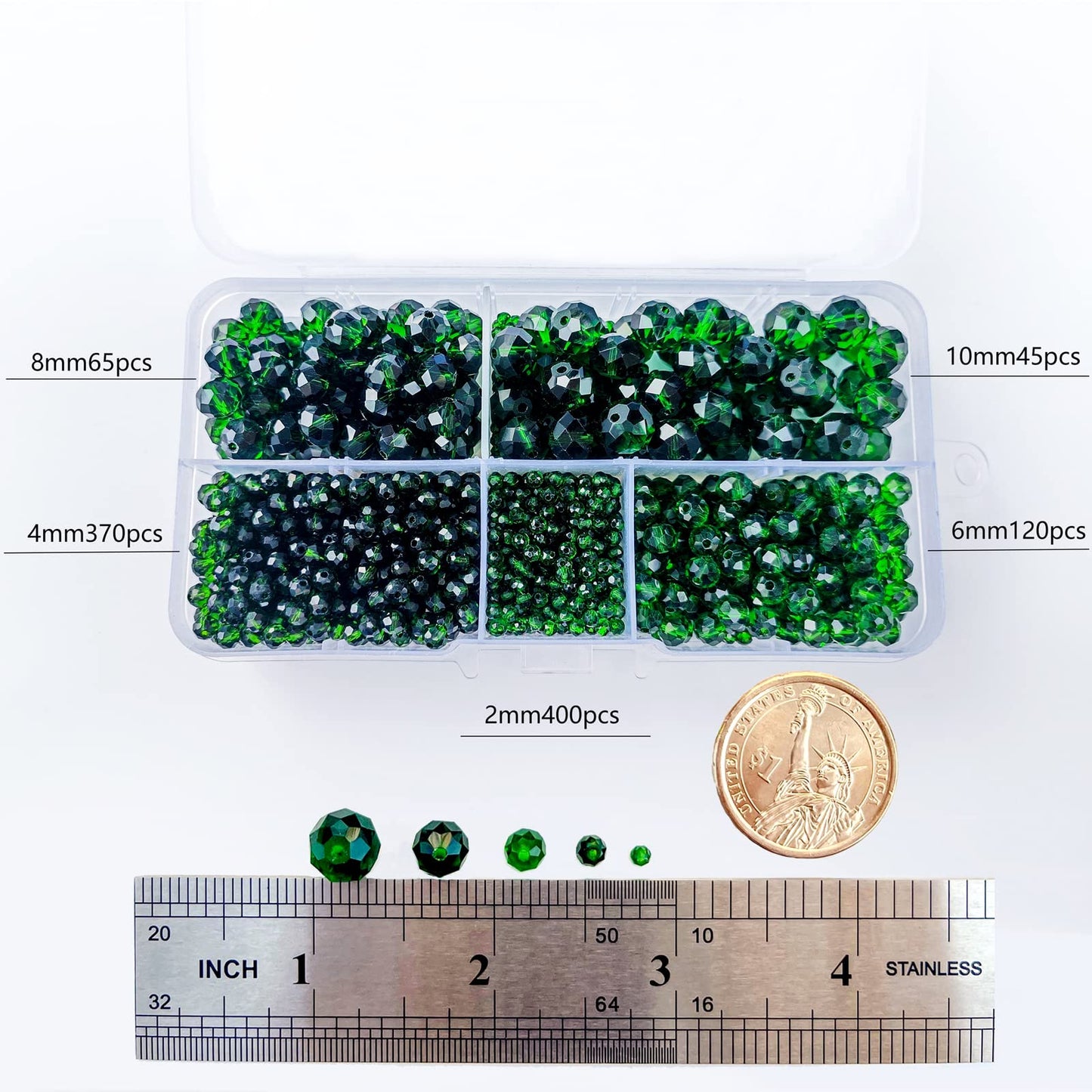 JEBBO 1000pcs Green Rondelle Crystal Glass Beads 2mm 4mm 6mm 8mm 10mm Mixed Sizes, Faceted Briolette Crystal Glass Spacer Beads for Jewelry Making with Container Box