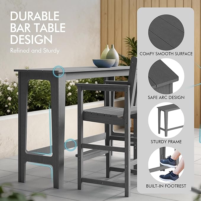 Ciokea Outdoor Bar Height Table Set of 5, 60" Extra Long Rectangle High Top Table and 4 Oversized Adirondack Chairs Set, Heavy-Duty All-Weather HDPE Patio Bar Set for Backyard Balcony Deck, Grey