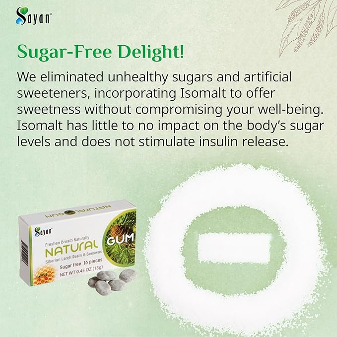 Sayan Sugar Free All Natural Gum, Siberian Larch Tree Resin and Beeswax Chewing Gum for Fresh Breath, Vegetarian, Non-GMO, No Sugar, Gluten Free, Aspartame Free, No Preservatives - 2 Packs (32 Pieces)