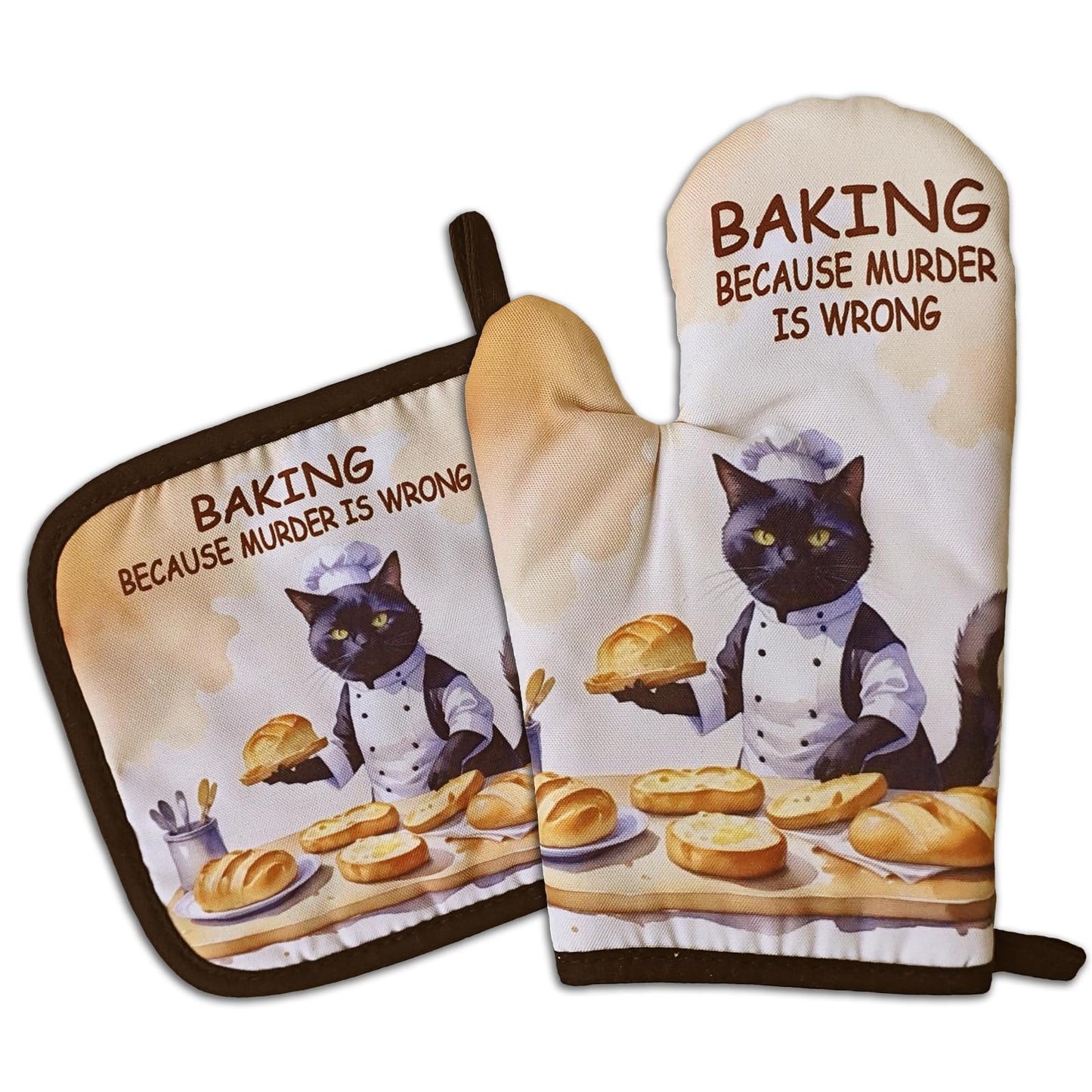 GOSJINNK Funny Baking Cat Oven Mitts and Pot Holders（Set of 2）Baking Because Murder is Wrong Baker Mitts for Kitchen Decor Silicone Non-Slip Oven Mitts Cat Lover Gift Birthday Gift for Friend Chef