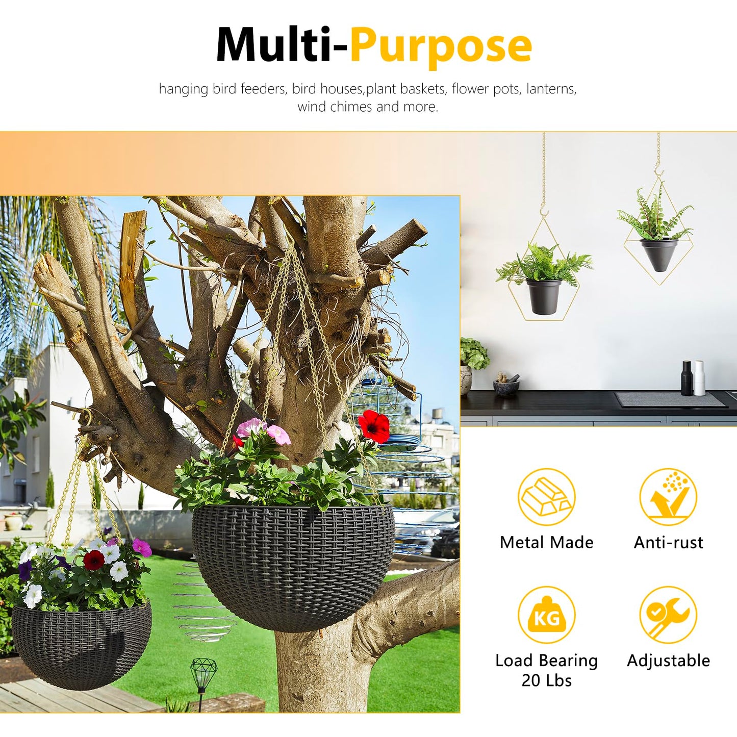 garini Hanging Plant Hooks,200 Inch Metal Glod Hanging Chain with S Hooks for Hanging Plants, Photo, Lantern, Billboards and Planters