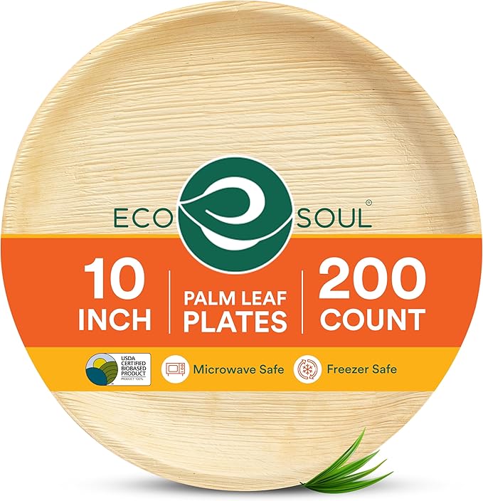 ECO SOUL 10 Inch Disposable Palm Leaf Plates [200 Pack] Premium Food-Safe Heavy Duty Compostable Bamboo Paper Plates for Lunch, Dinner, Birthday, Weddings, Party, Camping & Catering Events [Round]