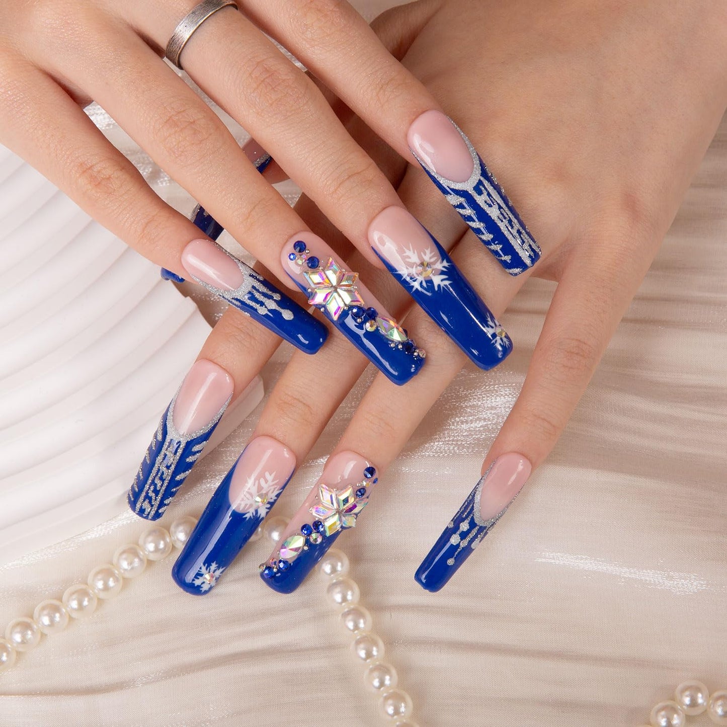LOVFUL Press on Nails Snow Waltz Blue French Tip| Handmade with Full Covered Crystals | Reusable Fake Nails | Square Mid Length 1.7 in | H140-S