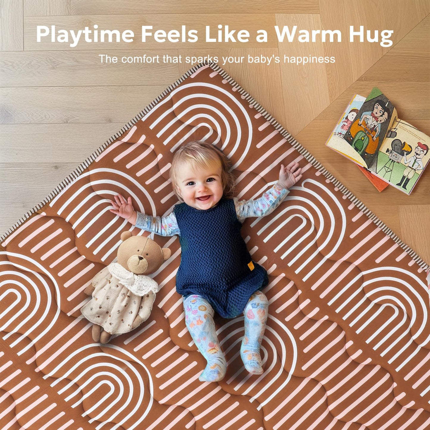 Mallify Soft Thicker Baby Mat for Floor 71"x59", Extra Large Baby Play Mat, Non-Slip Playpen Mat, Easy to Clean & Portable Playmat, Crawling Mat for Babies Toddlers, Activity Mat, Rainbow, Brown