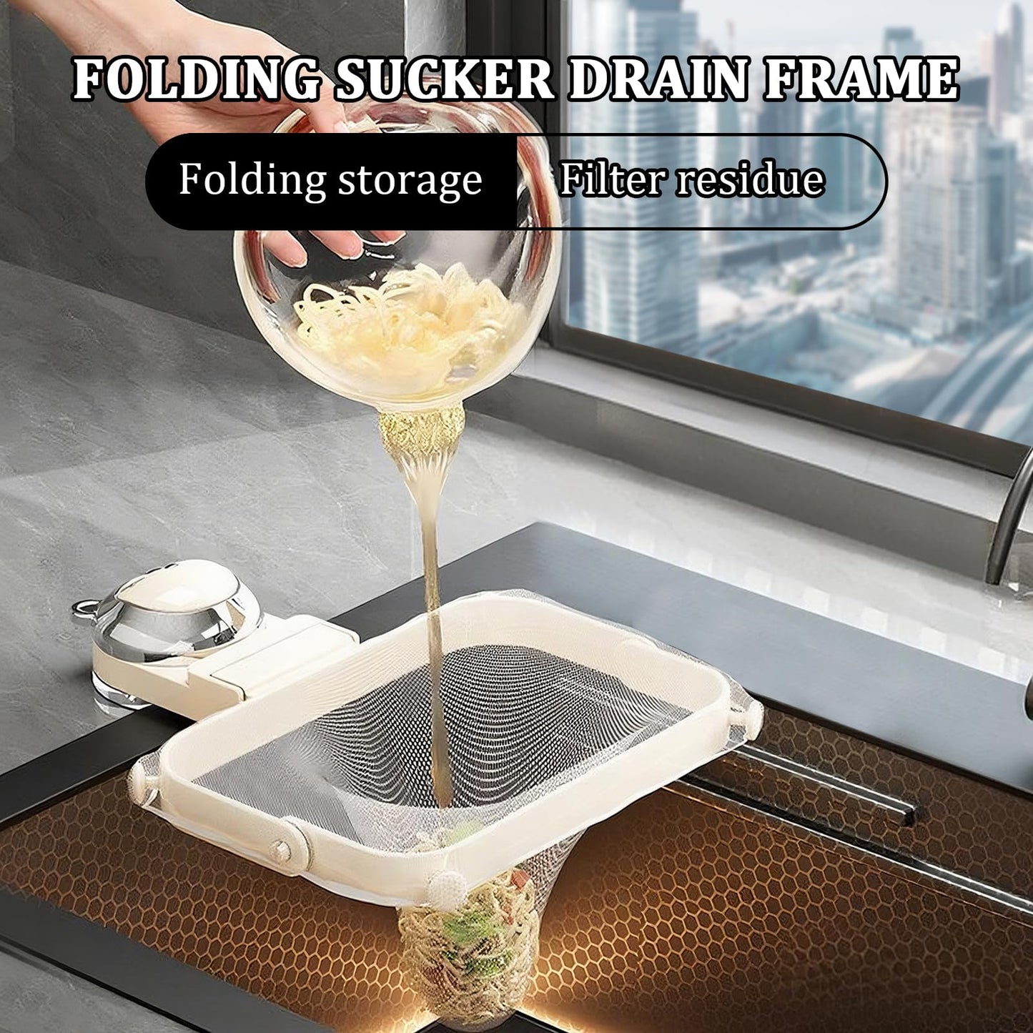 Foldable Kitchen Sink Strainer with Filter Mesh Bags, Food Waste Filter Basket, Suction Cup Folding Washing Vegetables and Fruits Drying Bag Holder (White)