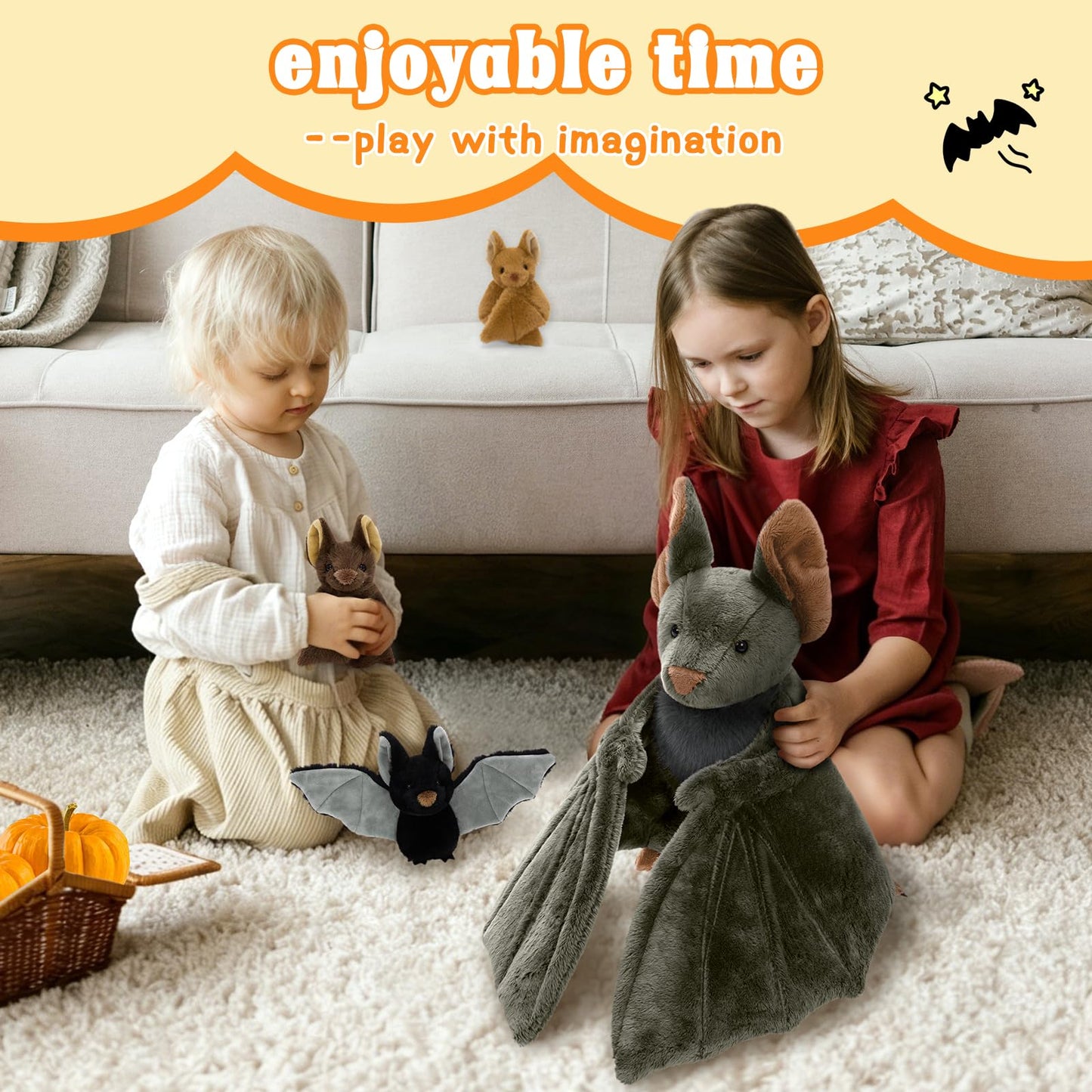 Tezituor 4Pcs Realistic Bat Stuffed Animals Set, 32inch Large Mommy Stuffed Bat with 3 Cute Babies for Boys Girls, Hugging Soft Bats Plush Toy Gift for Halloween Christmas Party