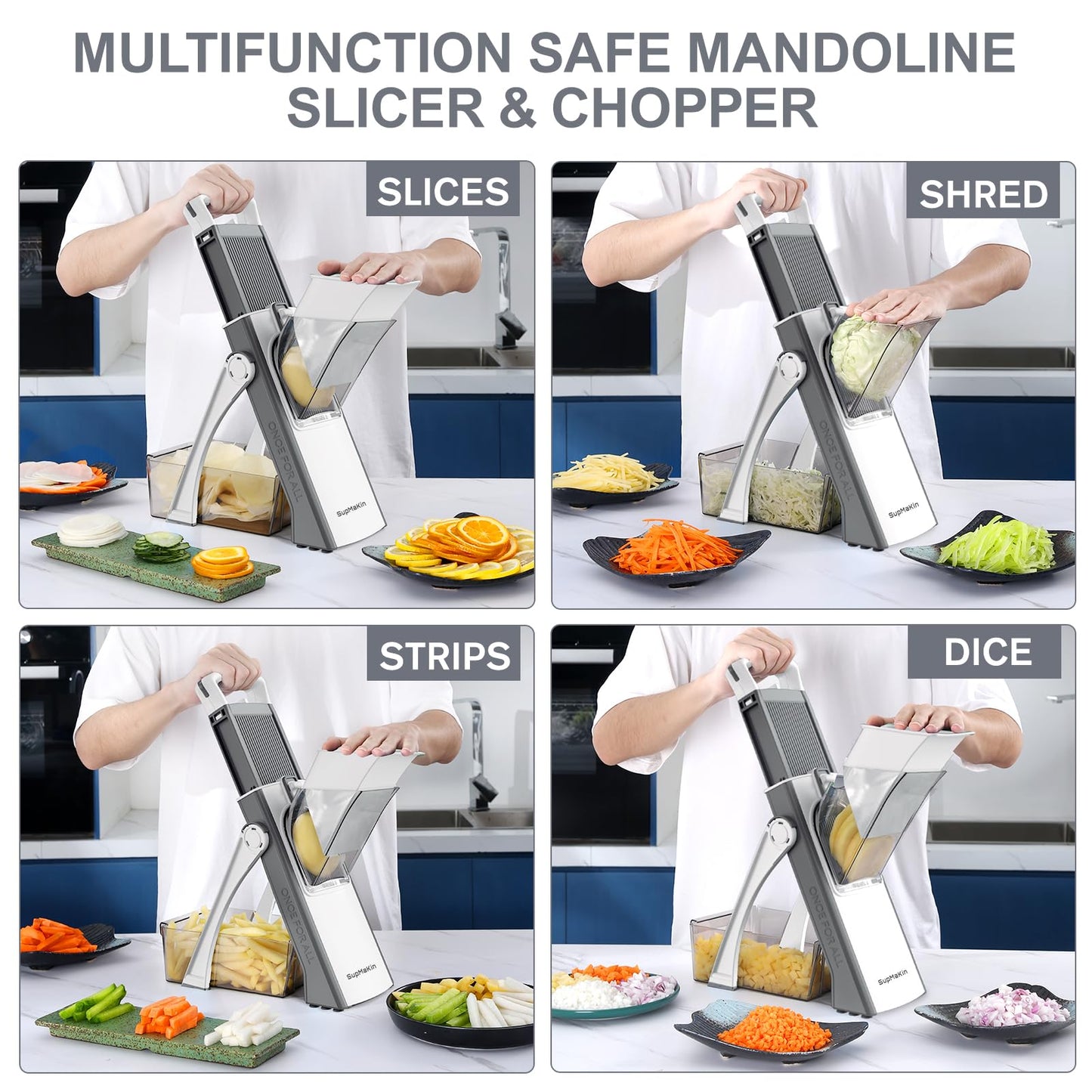 SupMaKin Upgrade Safe Mandoline Slicer, Multi Vegetable Chopper, Potato Slicer, Vegetables Slicer Onion Chopper Fry Cutter, Kitchen Chopping Artifact (GrayWhite)