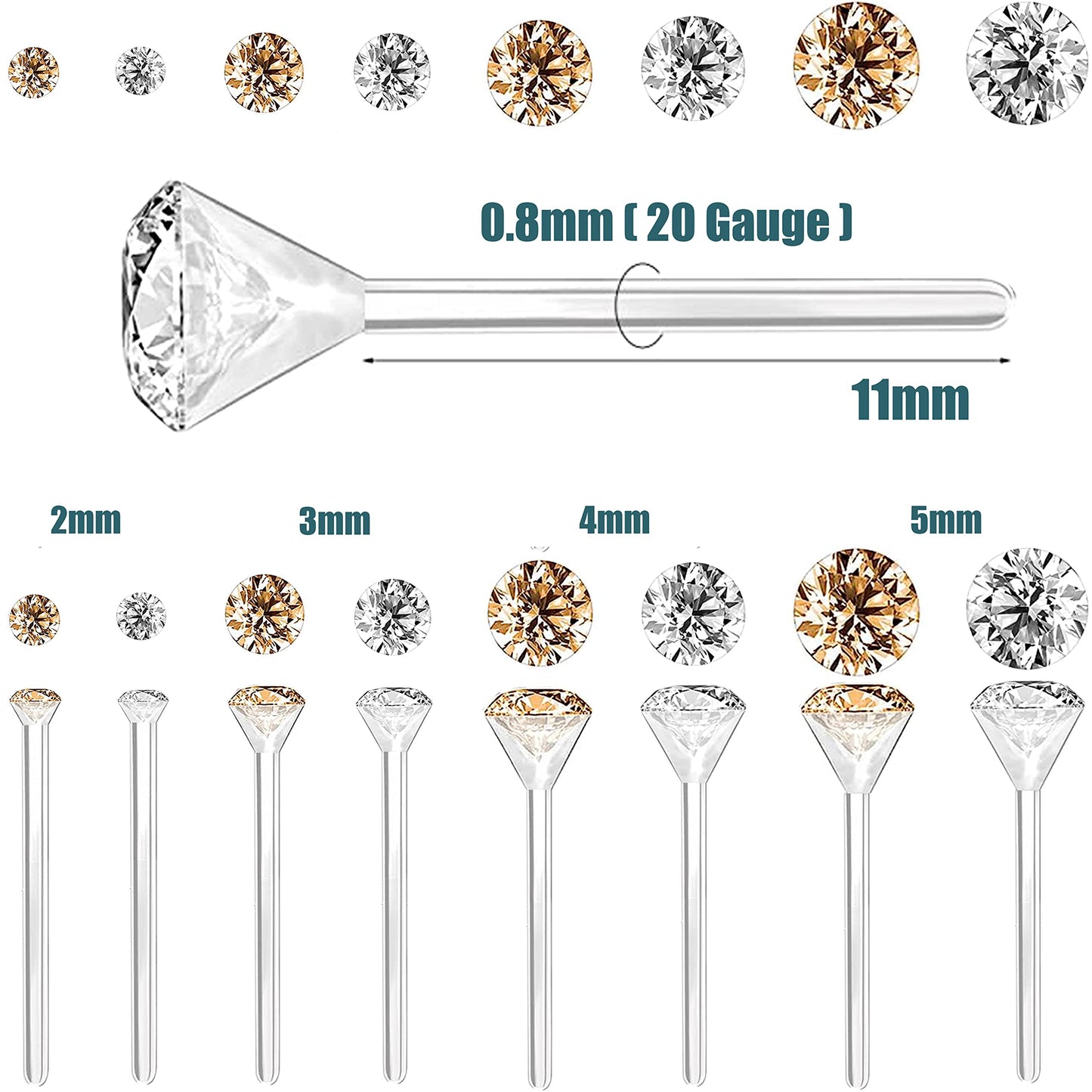 OwlkOrmy 8 Pairs Anti Allergy Plastic Earrings for Sensitive Ears & Include 8 Pairs Silicone Soft earring backs, Birthstone Cubic Zirconia Stud Earrings Kit 2mm 3mm 4mm 5mm in one Set (Amber)