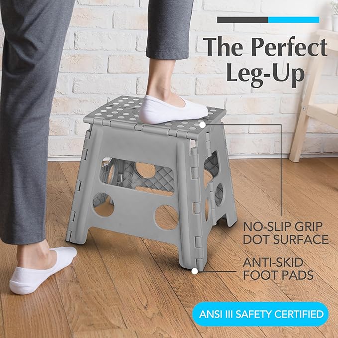 Handy Laundry Folding Lightweight Step Stool - Sturdy Enough to Support Adults and Safe Enough for Kids - Opens Easy with One Flip - Great for Kitchen, Bathroom or Bedroom (Grey - 13 inch)