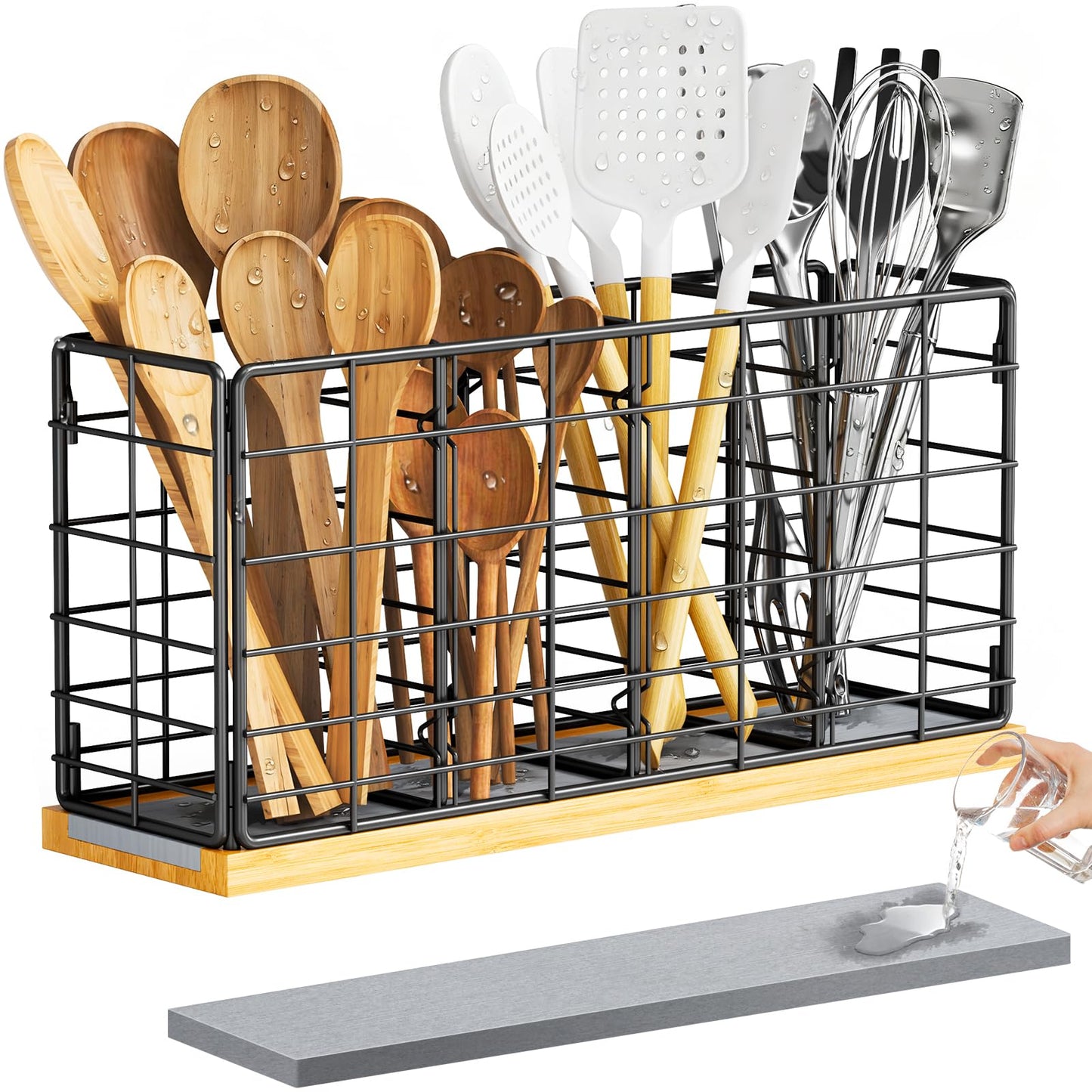 NiHome Metal Kitchen Utensil Holder with Diatomaceous Earth Base, Fast Drying & Odor Control, Large 4-Compartment Utensil Caddy for Spatulas, Tongs, Whisks, Rustproof Organizer with No Scratch Bottom