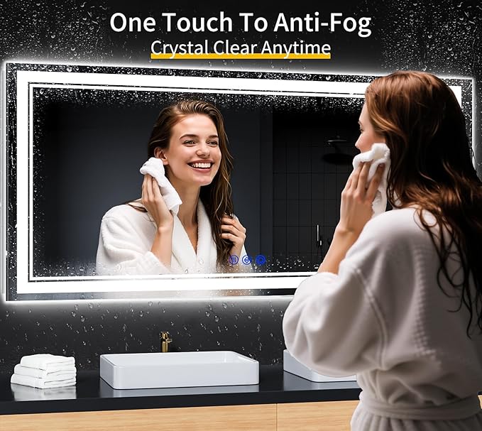 60"x28" LED Bathroom Mirror with Anti-Fog, Stepless Dimmable Lights, 3 Color Modes, Shatter-Proof Tempered Glass, Memory Function & Waterproof Design