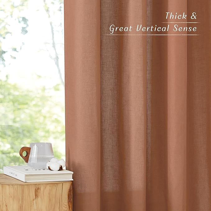 NICETOWN Caramel Linen Curtains for Kitchen, Thick Flax Small Window Treatments Semi Sheer Privacy Assured with Light Through for Cafe/Bathroom, W55 x L102, 2 Panels