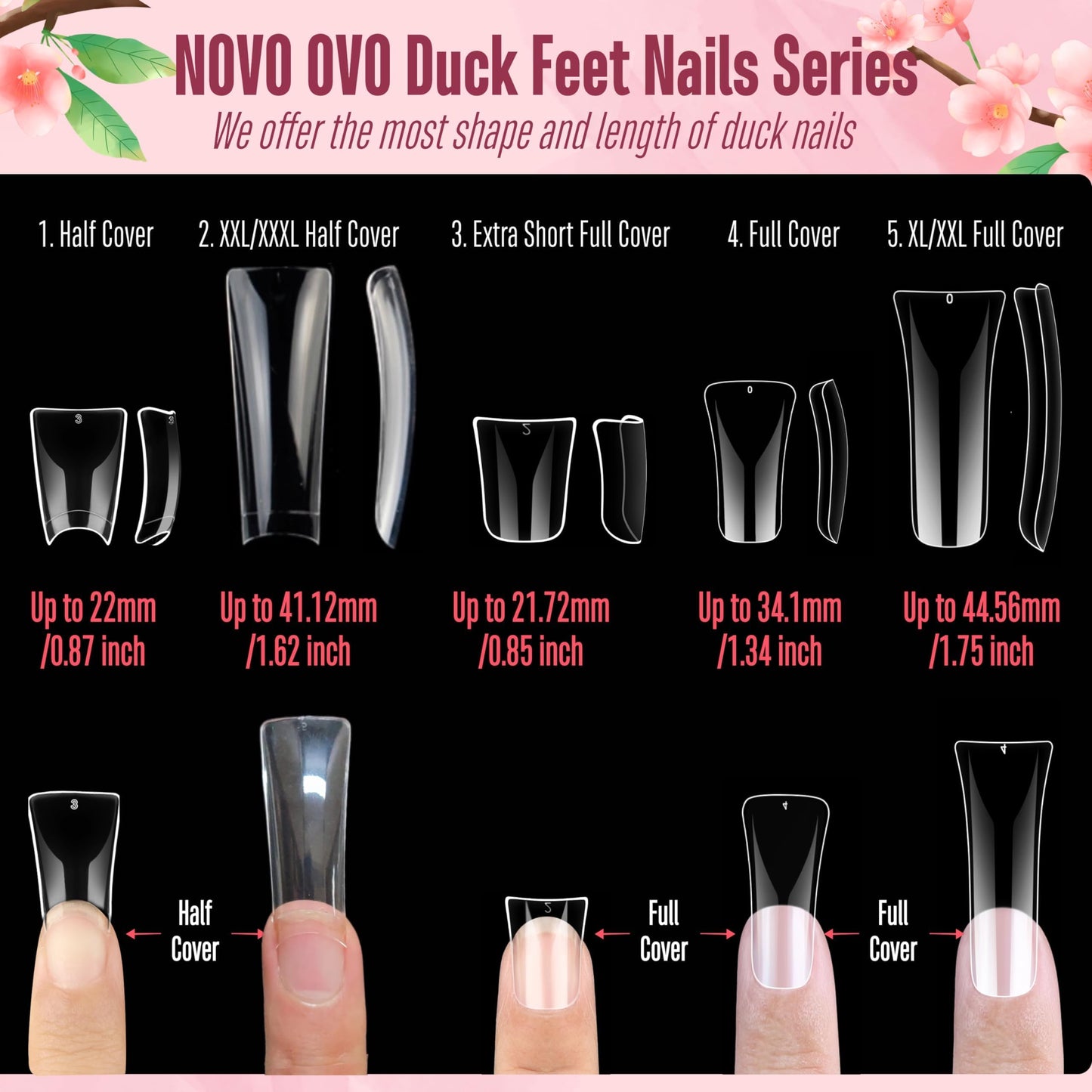 NOVO OVO Duck Feet Nail Tips for Small and Medium Hand, Extra Short Full Cover Press On Acrylic, Clear Full Coverage Thick Flare French Soft Gel Fake False Nail Extension x 12 Sizes