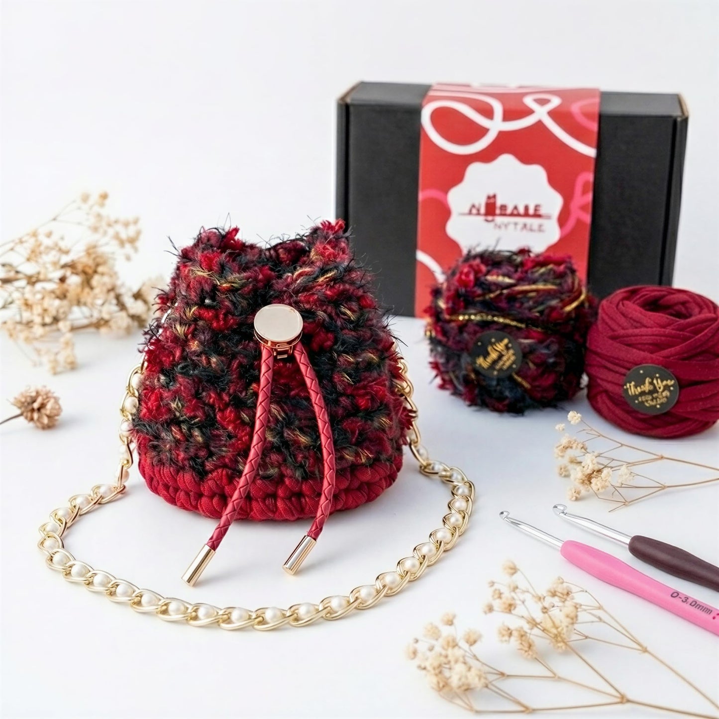 Nytale Beginner Crochet Kit for Adults - Midnight Rose Mini Bucket Bag. DIY Knitting Starter Pack with Luxury Velvet Yarn, Pearl Chain & Step-by-Step Video Tutorials. Beginner Friendly