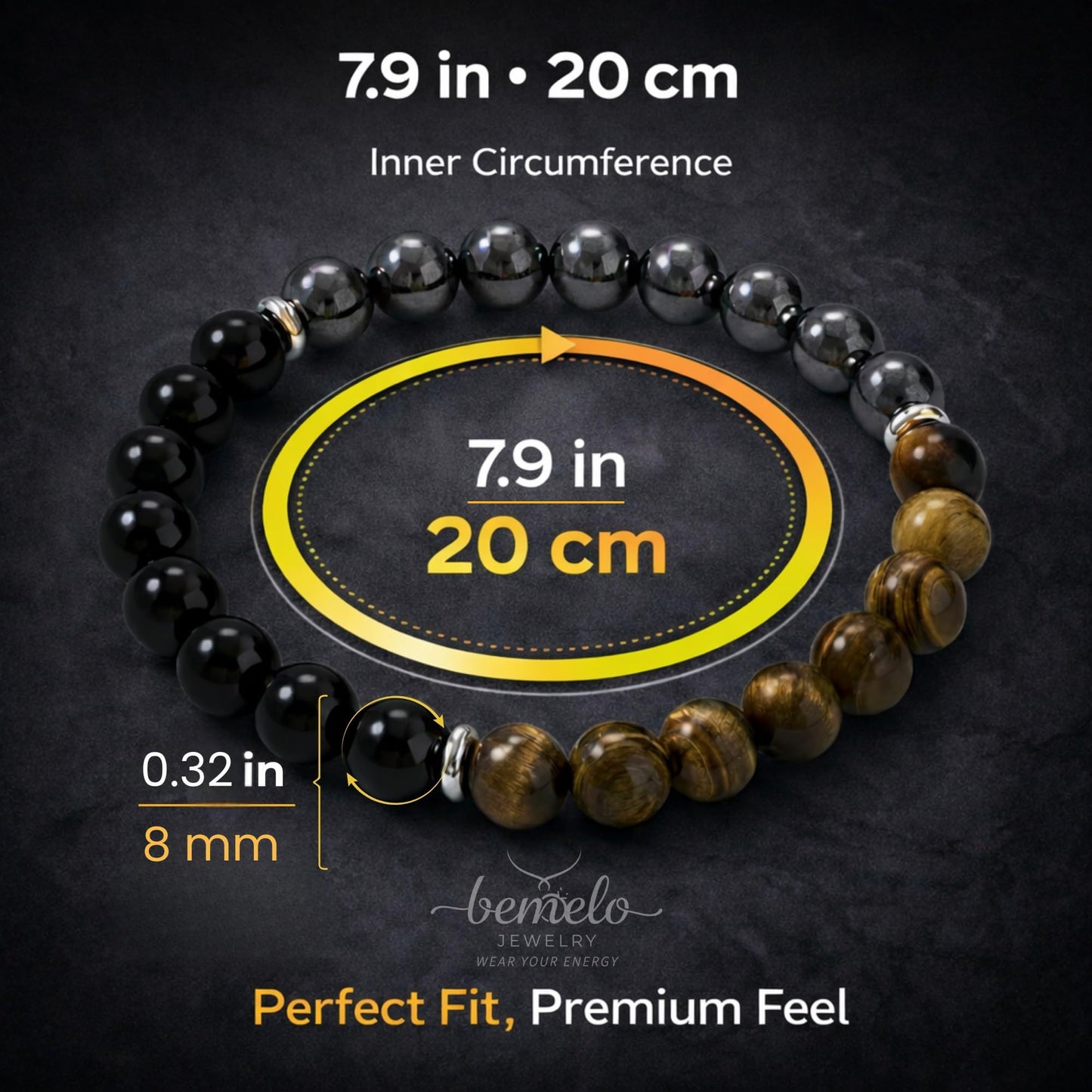 BEMELO Triple Protection Bracelet for Men & Women, 8mm Tiger Eye - Black Tourmaline - Hematite, Natural Stone Beaded Stretch Bracelet