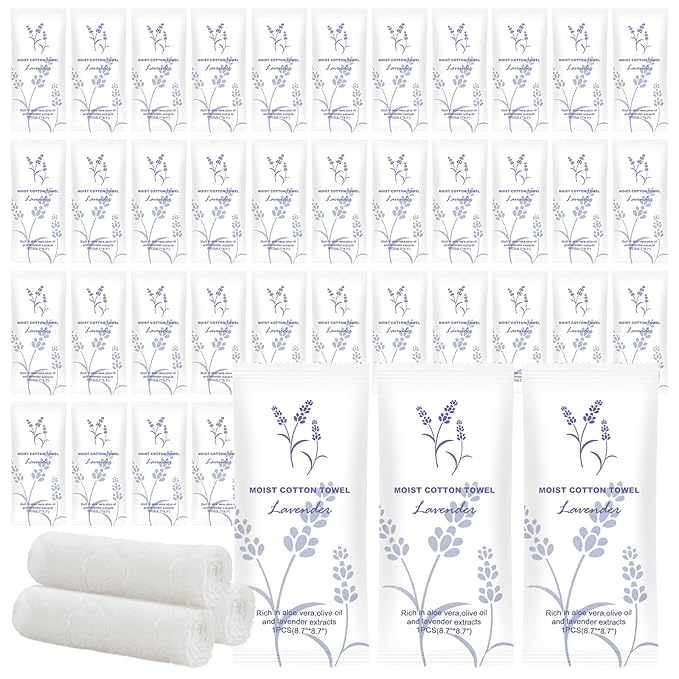 Moist Cotton Towel Bulk Moist Towelettes Individually Wrapped,White Towel Services,Refreshment Pre Moistened Towels for Dentist Travel Sport Party Hotel 400,Lavender
