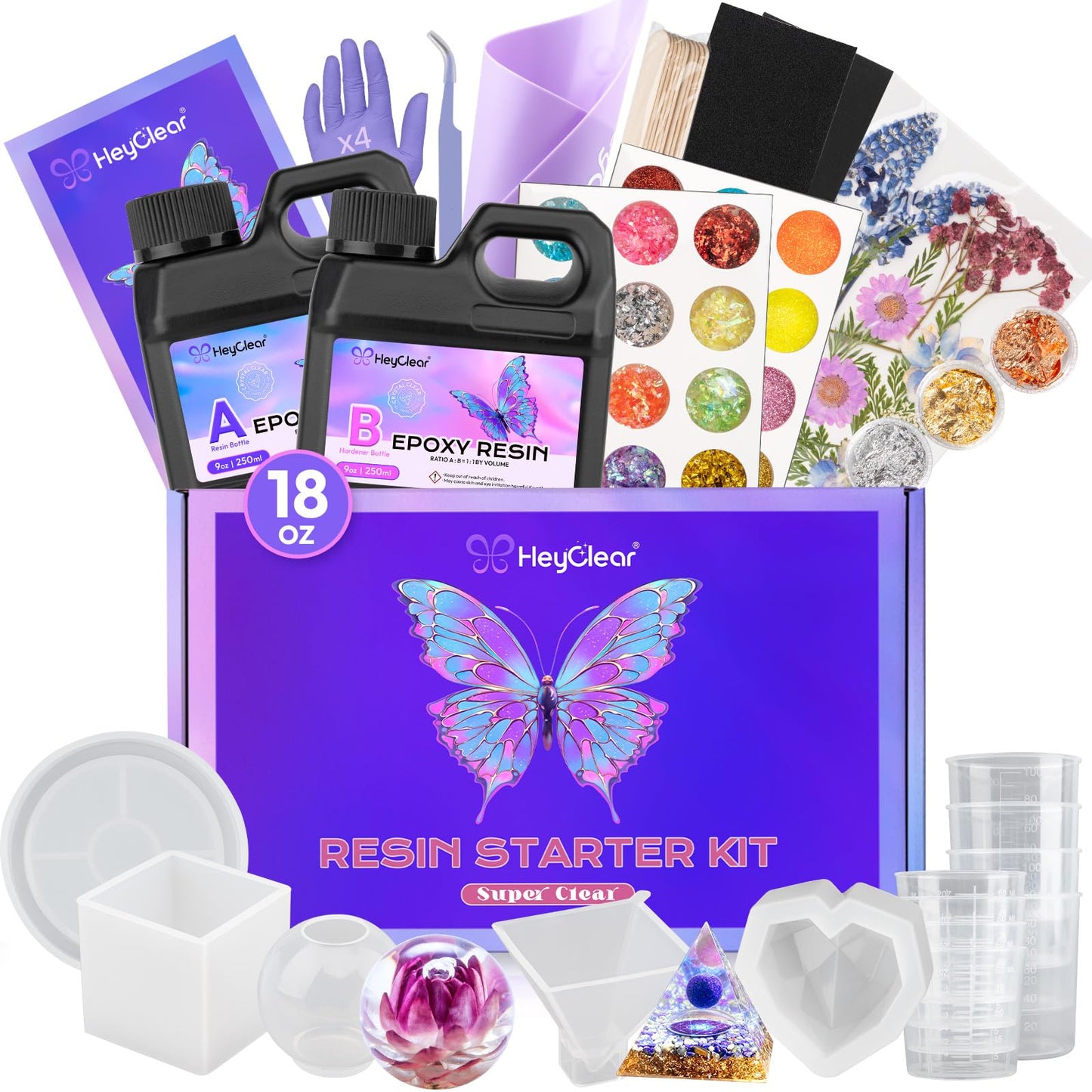 HeyClear Epoxy Resin Kit with Molds for Beginners -18 oz Super Clear and Hard Resina Complete Craft Supplies Set for Starter Casting Arts Crafts for Adults, DIY Creation Gifts
