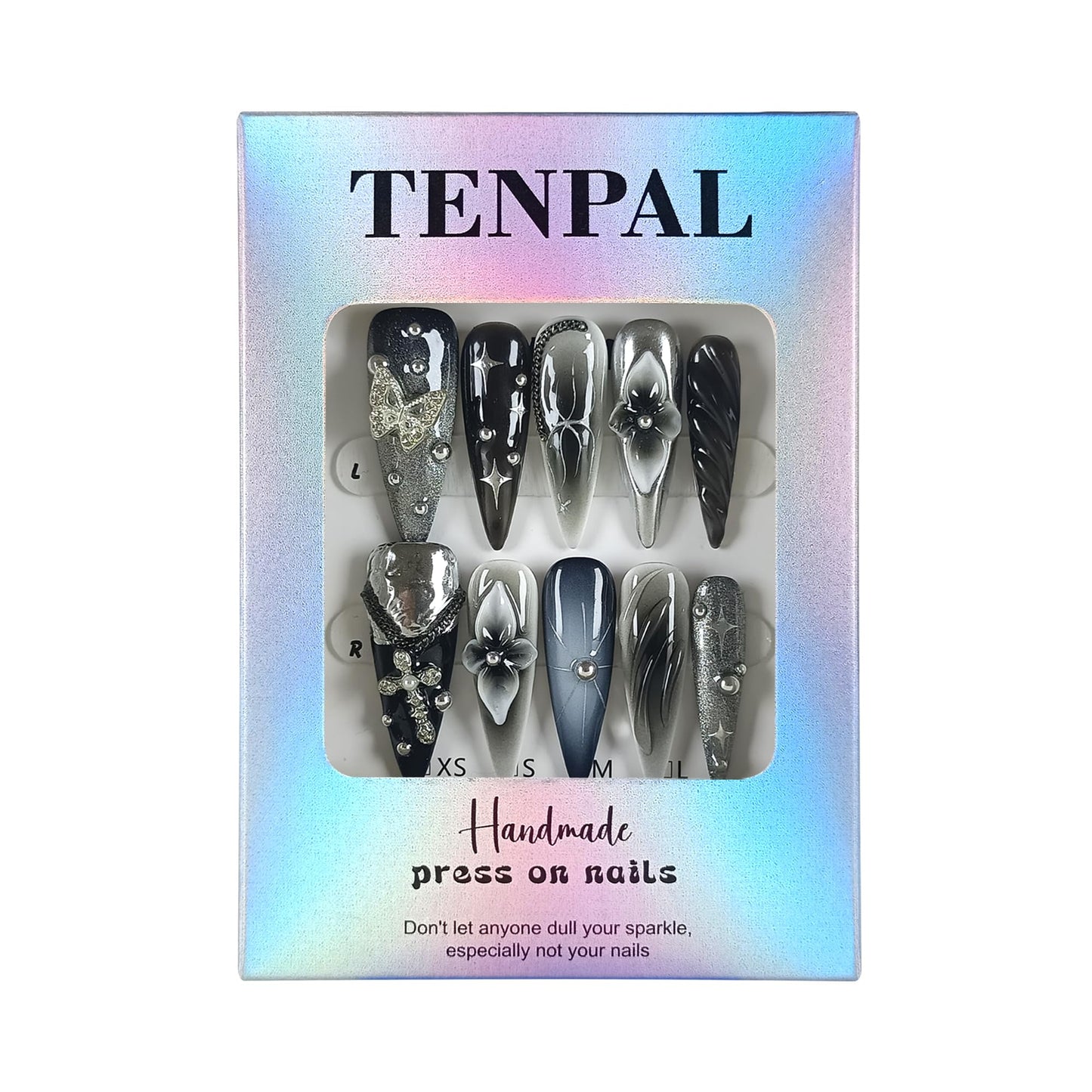 TENPAL 10Pcs Luxury Press On Nails Long Stiletto,Full Cover Crystal Glitter Fake Nail Set with Tools,Reusable Bride Wedding Nails for Bridal Party Bachelorette,Statement Making Glamorous Nail(XS)