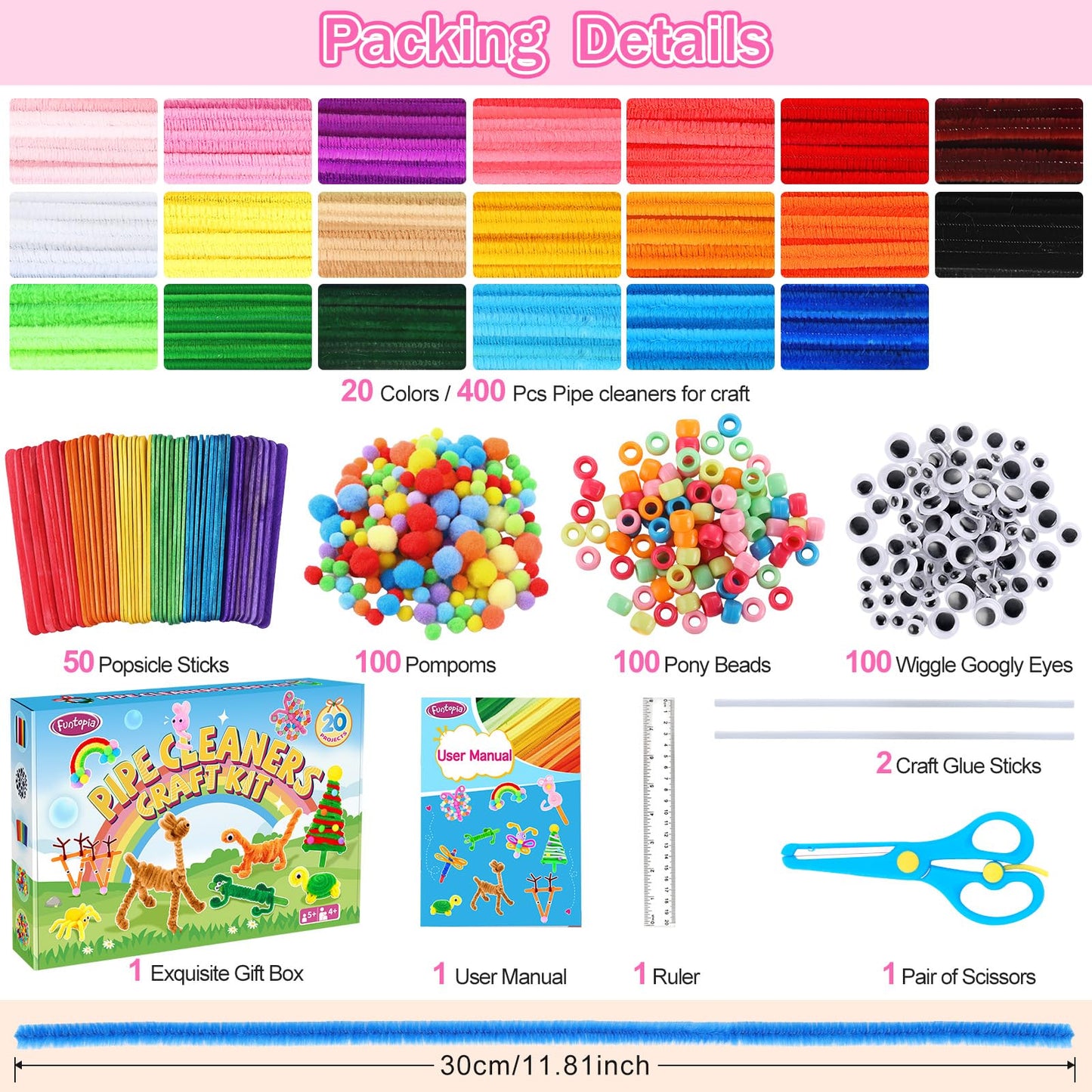 Funtopia 750pcs Pipe Cleaners Arts and Crafts Supplies for Kids, 20 Colors Chenille Stems with Craft Sticks & Pom Poms, DIY School Projects with 20 Simple Patterns Manual for Kids Ages 4 5 6 8 12