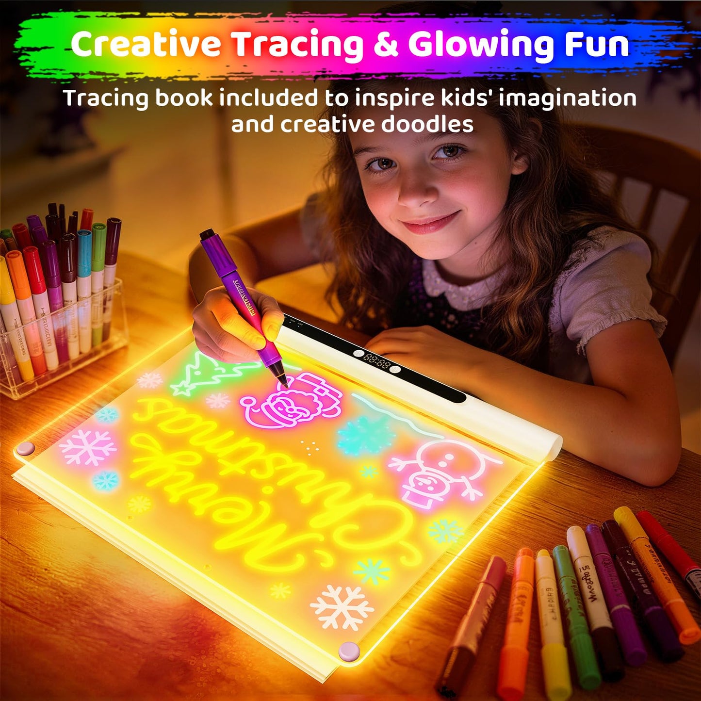 16“ Rechargeable LED Drawing Board, 9-Color Light Modes with Timer & Built-in Stand, Neon Art Dry Erase Glow Up Doodle Note Pad, Sketching Gift Toy for Kids/Girls/Teens, 6 Markers & Tracing Book