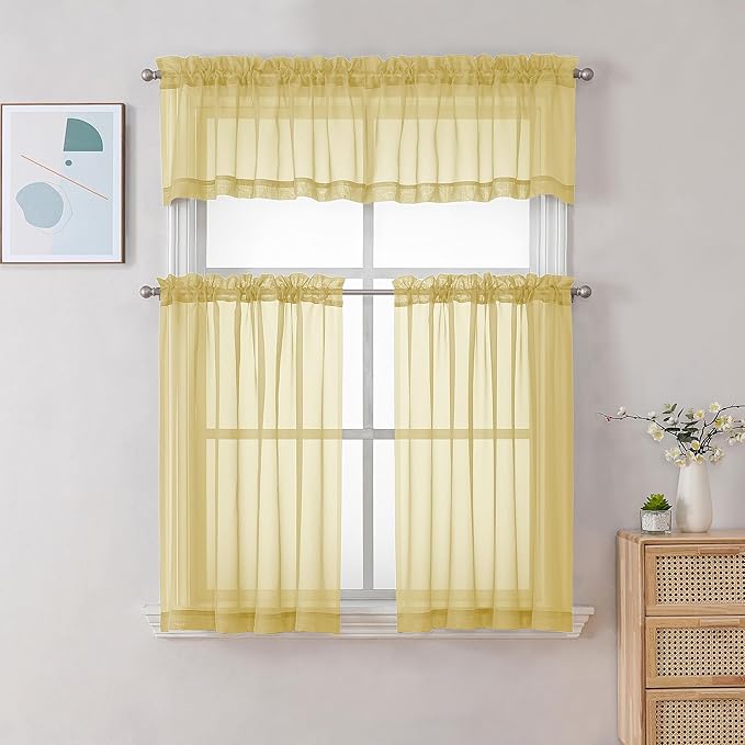 Chyhomenyc Mustard Yellow Short Sheer Curtains 30 inch Length, Light Filtering Half Window Curtians for Kitchen, Elegant Small Curtain for Basement Bathroom Cabinet, 42Wx30L inches, 2 Panels