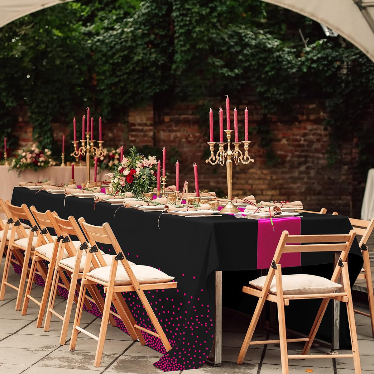 8Pack Disposable Plastic Party Tablecloths and Satin Table Runner Set Black Hot Pink Dot Table Cloth Hot Pink Satin Table Runner for Wedding Birthday Baby Shower Anniversary Holiday Party Decorations