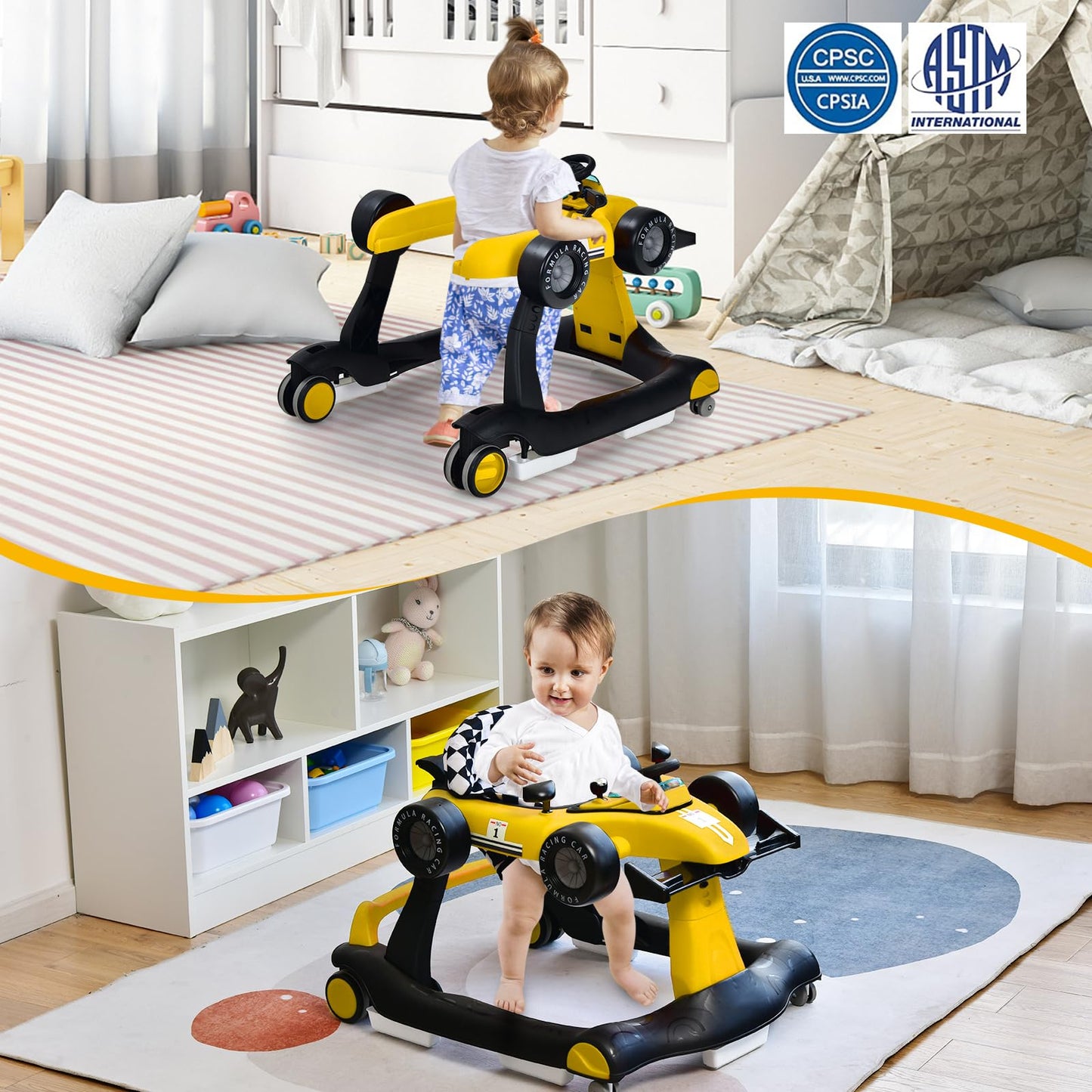 GLACER Foldable Baby Walker, 4-in-1 Infant Walker with Adjustable Height & Speed, Music, Light, Steering Wheel & Washable Cushion, Baby Walker Activity Center for Boys Girls 6 –18 Months (Yellow)