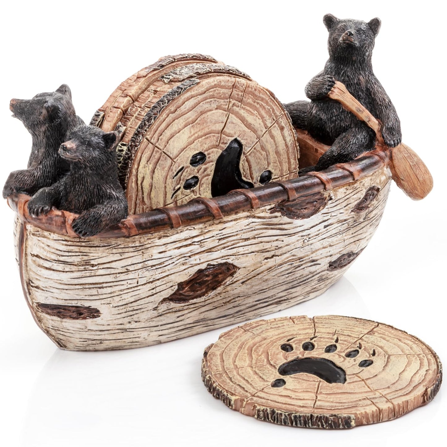 Cabin Obsession Bear Coasters - Set of 6 Full Size Rustic Coasters in Handmade Canoe with Adorable Black Bear Figurines - Log Cabin Decorations, Rustic Lodge Decor for The Home