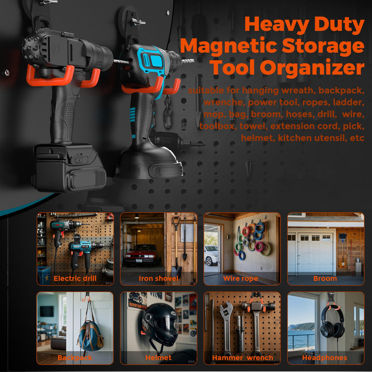 Large Strong Magnetic Hooks Heavy Duty Garage Big Magnet Hooks Extra Strength Magnetic Utility Storage Hook Hanger with Anti Slip Coating for Garden Indoor Outdoor Hanging Tools 2 Pcs Orange (2 Count)