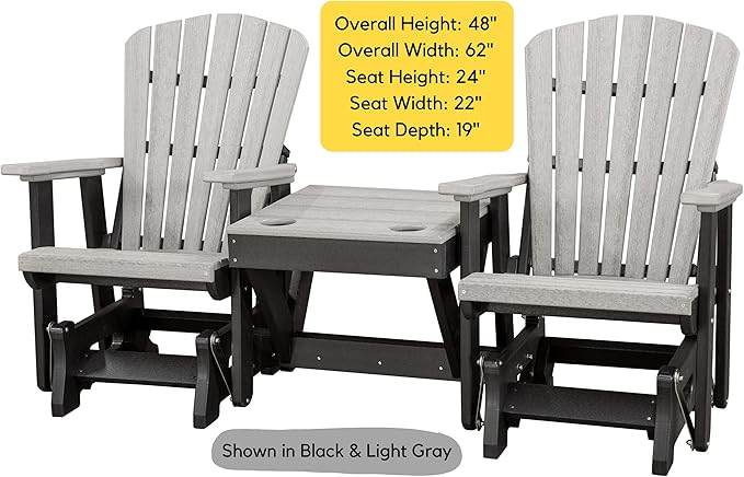 DutchCrafters Slat Fan Back Double Poly Adirondack Glider Outdoor Patio Chairs with Center Table (White & Weatherwood)