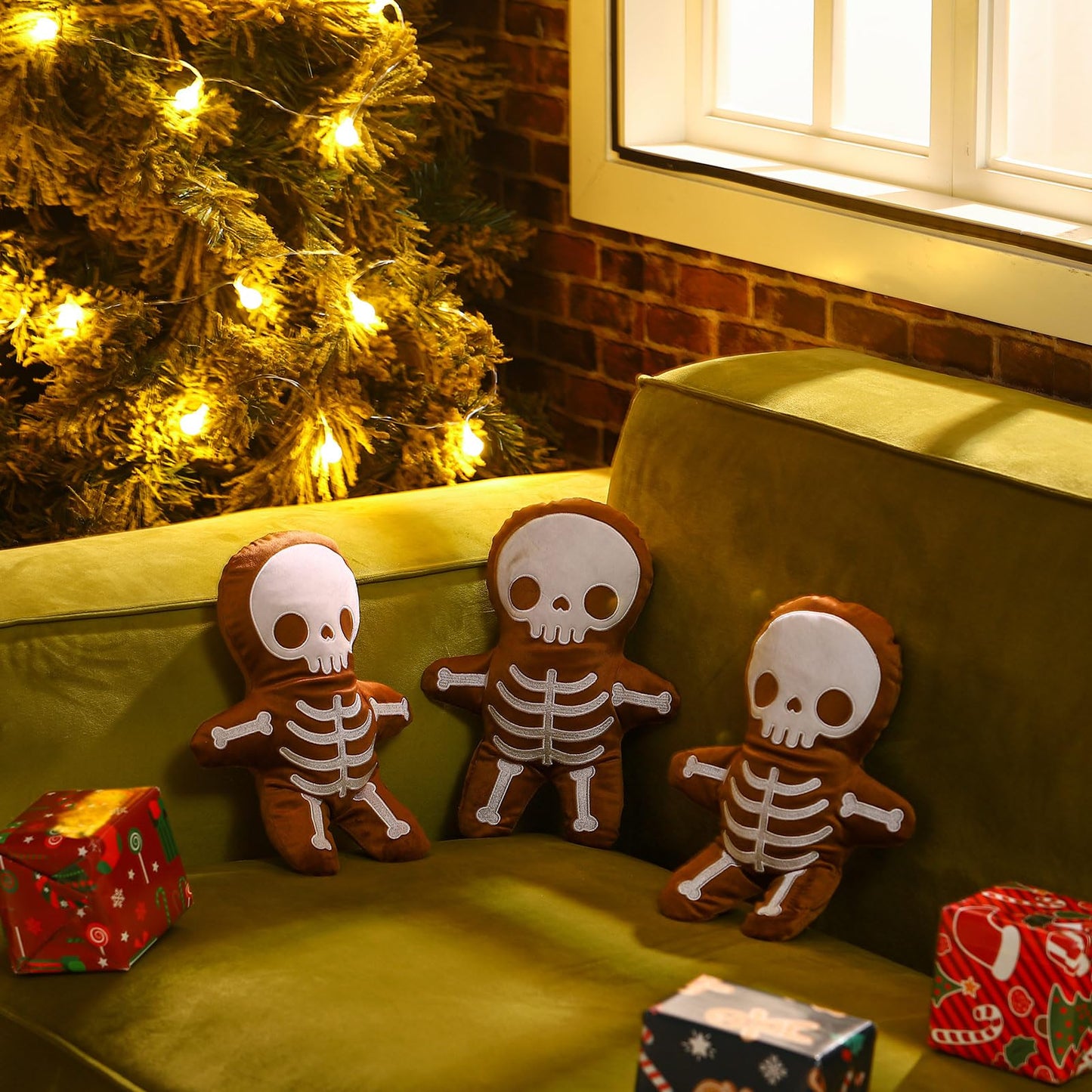 3 Pcs Skeleton Gingerbread Man Gothic Horror Throw Pillows - Creepy Stuffed Plush Spooky Sofa Cushion Decor for Christmas & Halloween