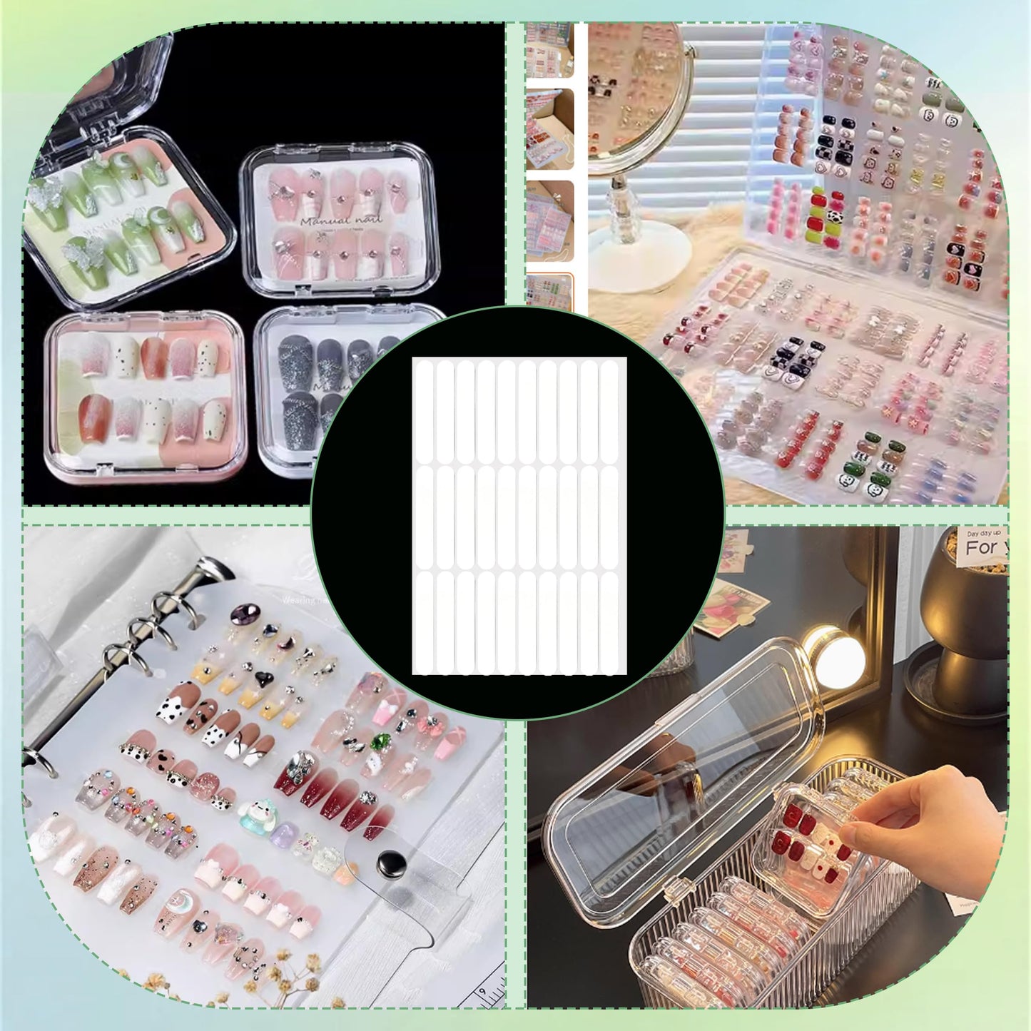 213 Pcs Empty Holographic Nail Storage Bag Press on Nail Packaging Bag with 1 Roll Transparent Tape and 12 Sheets Double Sided Nail Tape for Nail Art Display Salon Supplies