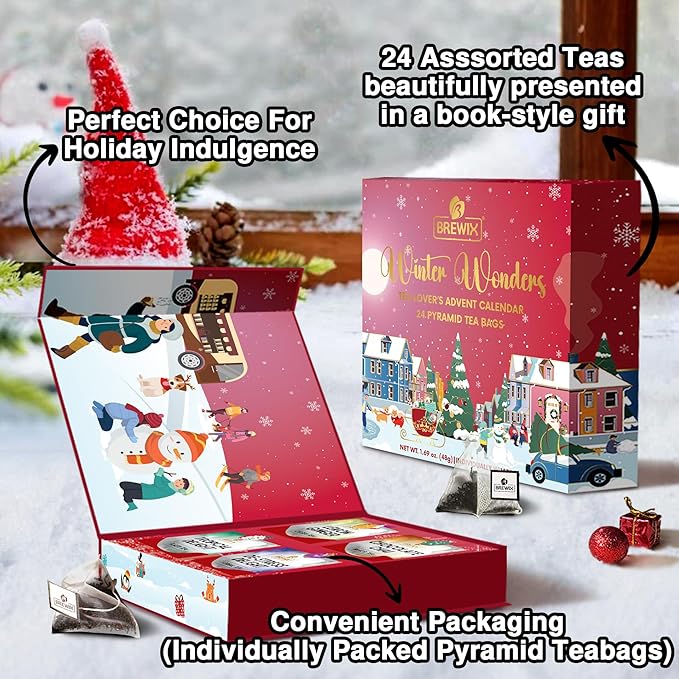 BREWIX, 2025 Advent Calendar Tea Bags | 24 Delightful Black & Green Tea Infusions in Pyramid Tea Bags - Holiday Gift Box | Christmas Gift Idea for Tea Lovers, Countdown Set | Holiday Variety Sampler for Tea Lovers
