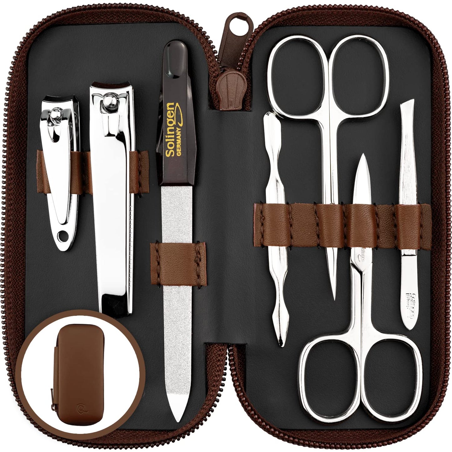 Manicure Set Solingen Made in Germany - 7 Piece Exclusive Finger & Toe Nail Clippers Kit for Women and Men in Real Leather Case, Color Brown