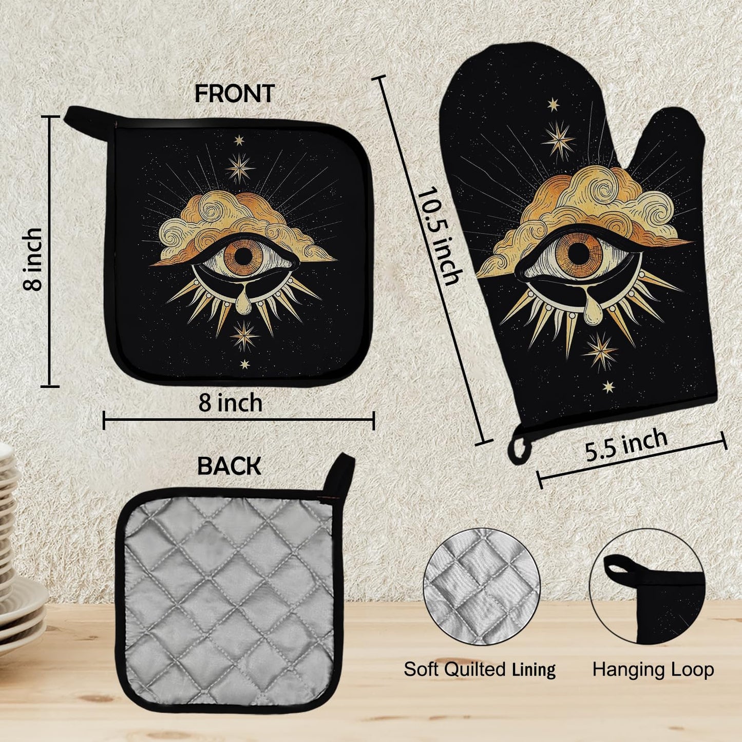 Mingnei Tarot Evil Eye Halloween Oven Mitts and Pot Holders Set, Heat Resistant Potholder Kitchen Decor for Cooking Baking BBQ Grilling, Goth Tarot Oven Glove Set, Gothic Witchy Gifts
