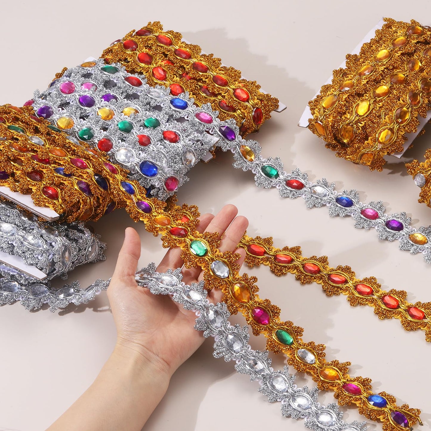 MECCANIXITY 5 Yards Braid Trim, 1.6 Inch Gemstone Beaded Lace Trim Wave Gem Braid Strip Paillette Ribbon for Crafts, Embellishments, DIY Sewing Costume, Gold+Silver